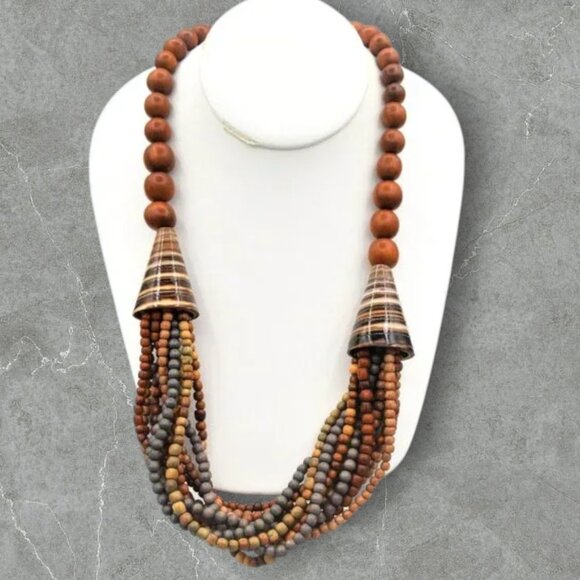 Vintage Tribal Necklace Wood Bead & Shell Multi-Strand - Picture 7 of 7